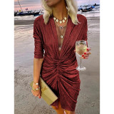 V-neck pleated long sleeved dress