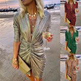 V-neck pleated long sleeved dress