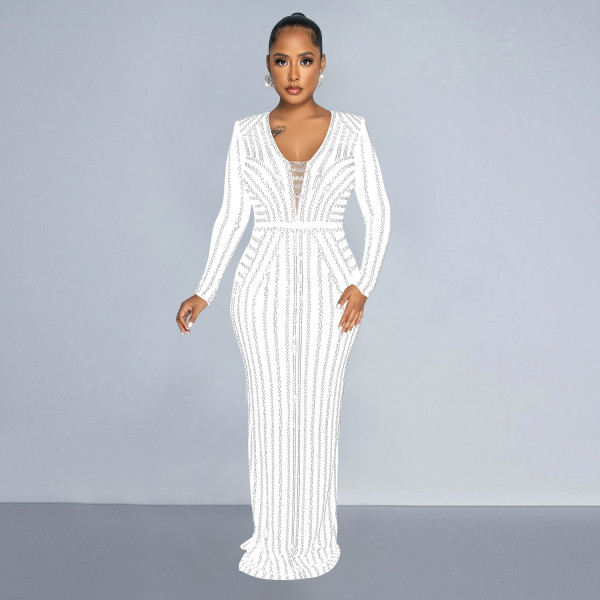 Women's solid color hot diamond long sleeved slit long dress dress