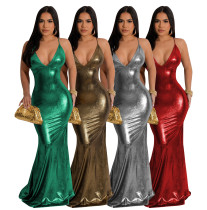 Women's dress with sexy V-neck and tight fitting long skirt