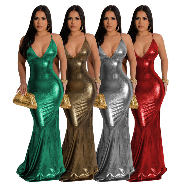 Women's dress with sexy V-neck and tight fitting long skirt
