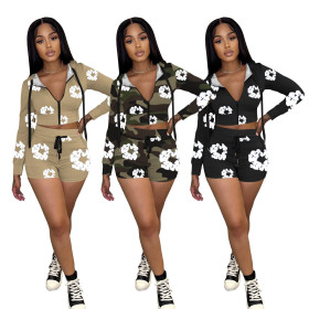 Trendy printed shorts long sleeved hooded drawstring set