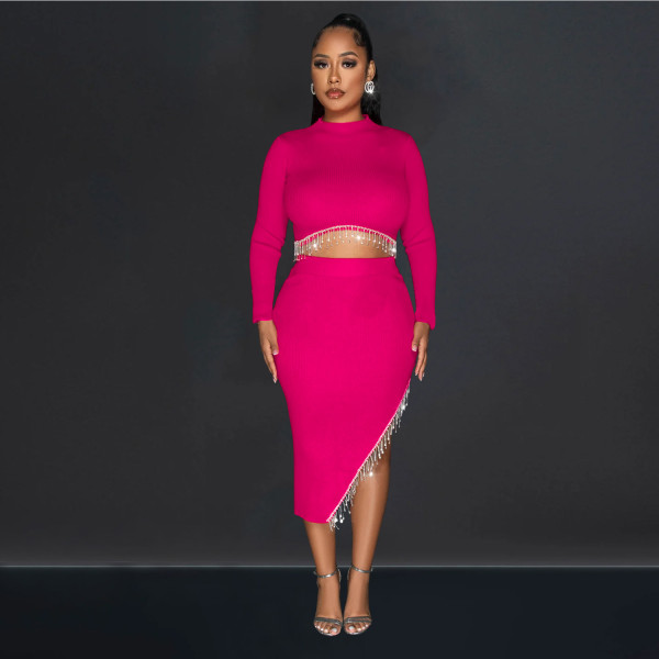 Women's solid color long sleeved leaky navel dress two-piece set