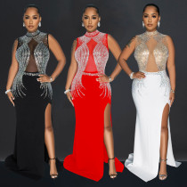 Women's solid color mesh hot diamond split long skirt dress