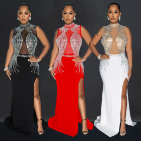 Women's solid color mesh hot diamond split long skirt dress