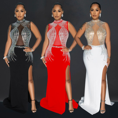 Women's solid color mesh hot diamond split long skirt dress