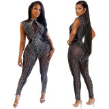 Women's solid color mesh hot diamond sleeveless long pants jumpsuit