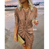 V-neck pleated long sleeved dress