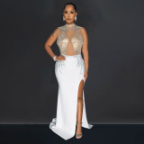 Women's solid color mesh hot diamond split long skirt dress