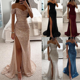 Sequin One Line Neck Split Dress