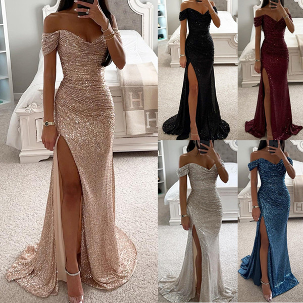 Sequin One Line Neck Split Dress