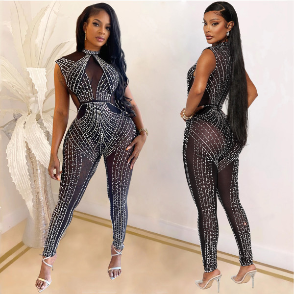Women's solid color mesh hot diamond sleeveless long pants jumpsuit