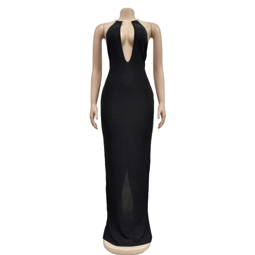 Women's solid color hollowed out backless sleeveless long dress dress