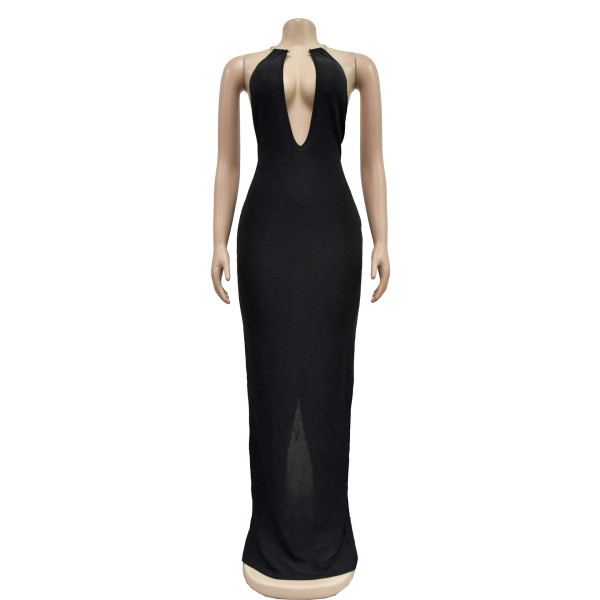Women's solid color hollowed out backless sleeveless long dress dress