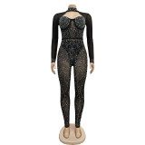 Women's solid color mesh hot diamond long sleeved pants jumpsuit