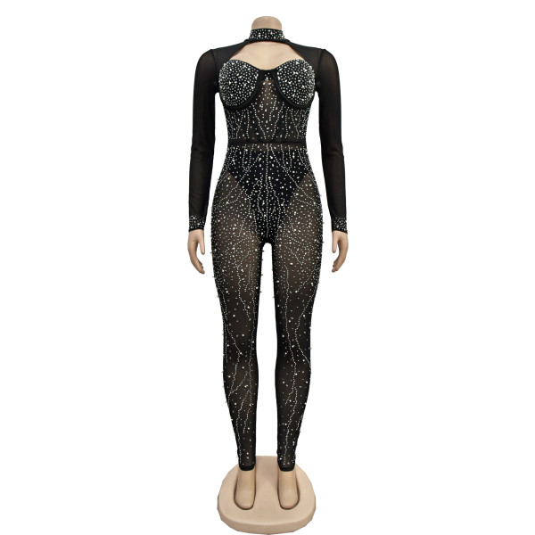 Women's solid color mesh hot diamond long sleeved pants jumpsuit