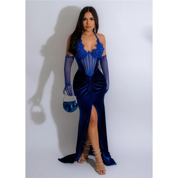 Women's solid color neck hanging slit sexy long dress dress