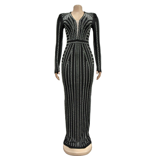 Women's solid color hot diamond long sleeved slit long dress dress