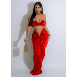 Women's solid color sexy strapless pleated skirt two-piece set