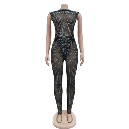 Women's solid color mesh hot diamond sleeveless long pants jumpsuit