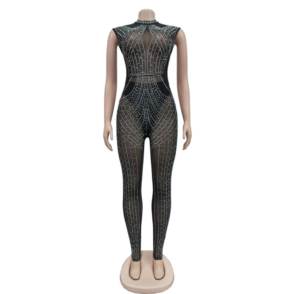 Women's solid color mesh hot diamond sleeveless long pants jumpsuit