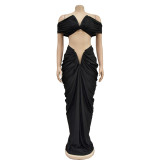 Women's solid color sexy strapless pleated skirt two-piece set