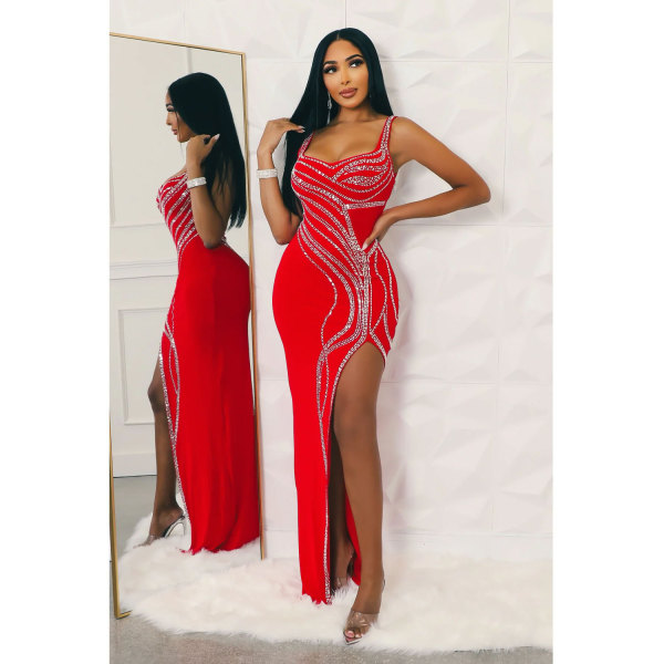 Women's solid color sexy hot diamond split long dress dress