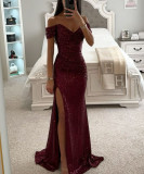 Sequin One Line Neck Split Dress