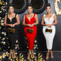 Women's solid color V-neck sexy backless long dress dress