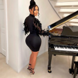 Women's solid color mesh hot diamond long sleeved short skirt dress