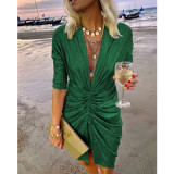 V-neck pleated long sleeved dress
