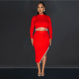 Women's solid color long sleeved leaky navel dress two-piece set