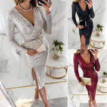 Sequin split long sleeved dress