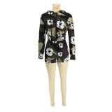 Trendy printed shorts long sleeved hooded drawstring set