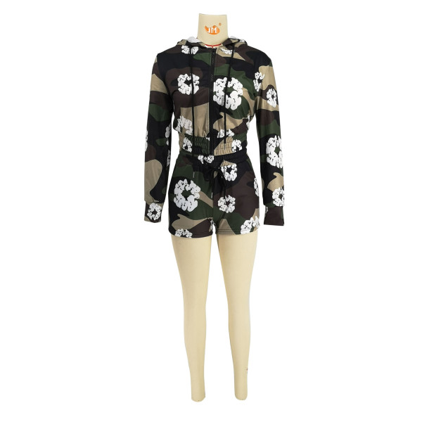 Trendy printed shorts long sleeved hooded drawstring set