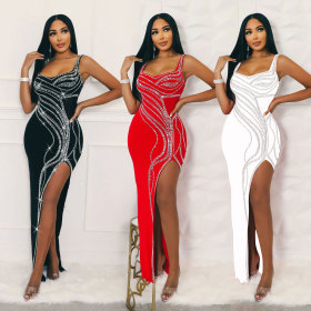 Women's solid color sexy hot diamond split long dress dress