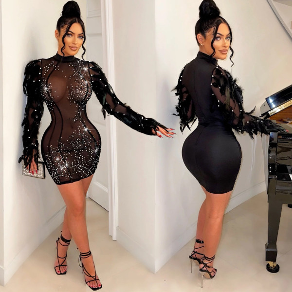 Women's solid color mesh hot diamond long sleeved short skirt dress