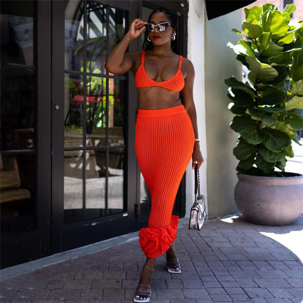 Sexy Hollow Knitted Tank Top High Waist Wrap Hip Long Dress Set