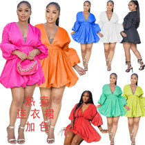 Deep V Fashion Long sleeved Lantern Dress
