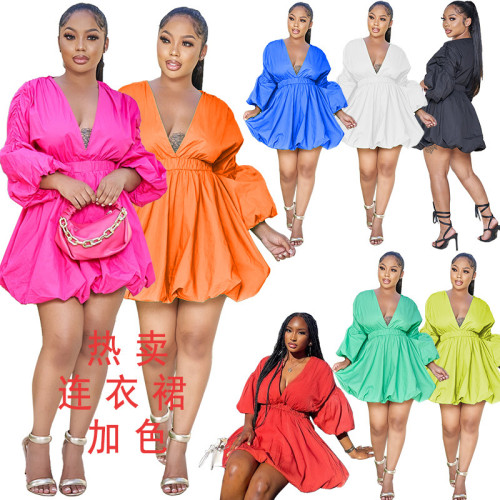 Deep V Fashion Long sleeved Lantern Dress