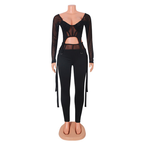 Sexy Mesh Perspective Long Sleeve Two Piece Overpants Set