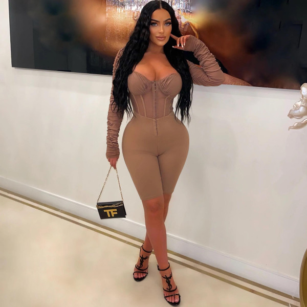 Women's solid color long sleeved shorts with mesh perspective jumpsuit