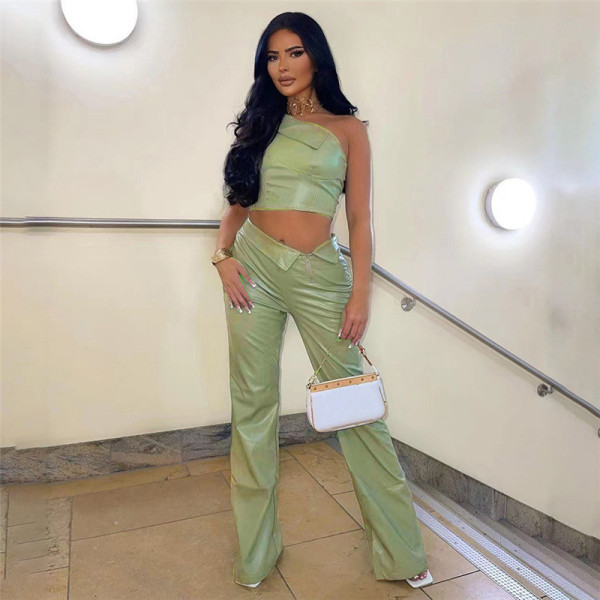 Diagonal collar, single shoulder, small vest, high waist, buttocks, straight leg pants, PU set