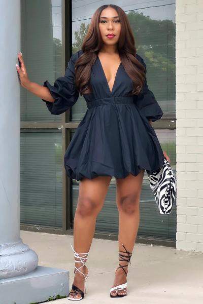 Deep V Fashion Long sleeved Lantern Dress