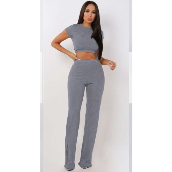 High elastic cotton pit stripe wide leg pants two-piece set