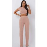 High elastic cotton pit stripe wide leg pants two-piece set