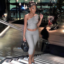 Diagonal collar splicing exposed navel pleated foldable cropped pants set