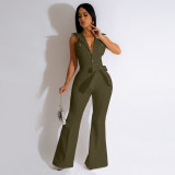 Button lapel micro flared pants, work bag jumpsuit with belt included