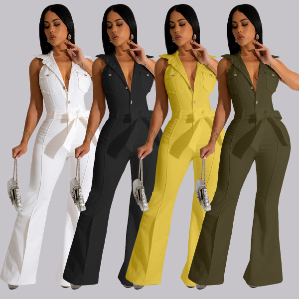 Button lapel micro flared pants, work bag jumpsuit with belt included
