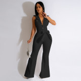 Button lapel micro flared pants, work bag jumpsuit with belt included